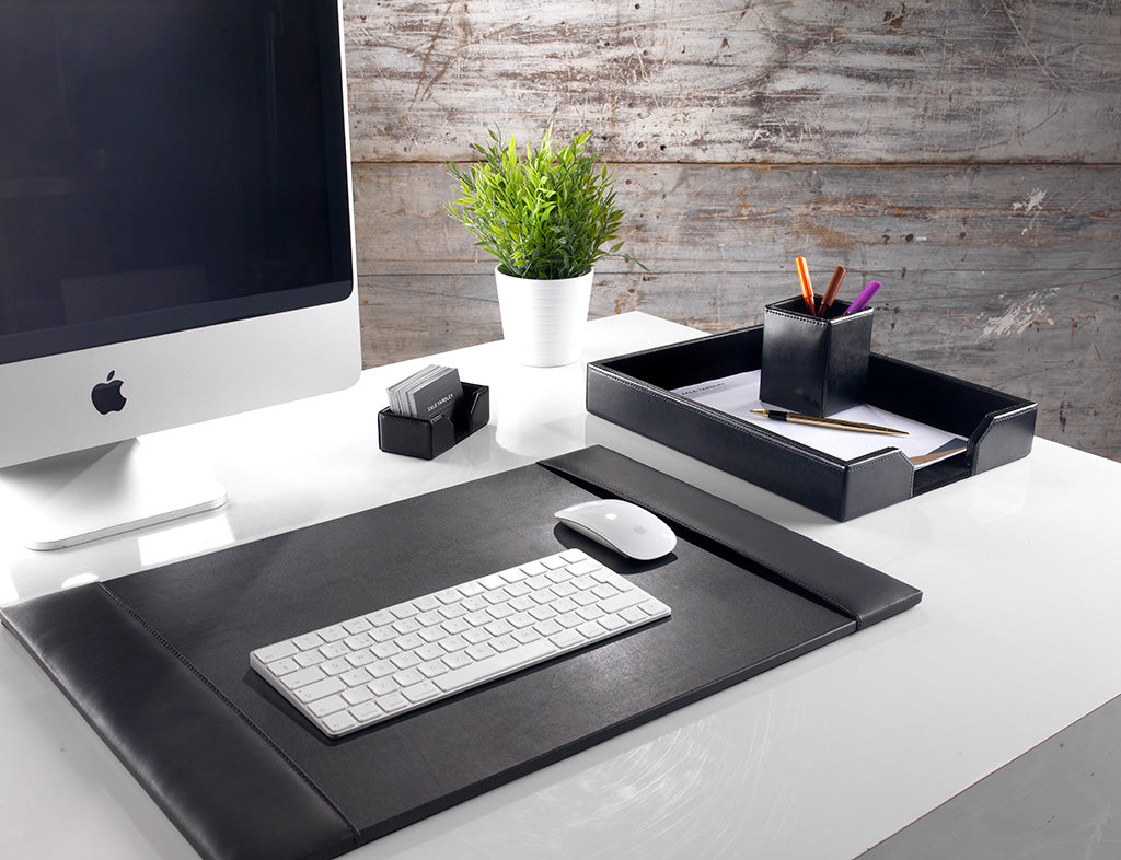 Classic Black Bonded Leather Four Piece Desk Organiser Set