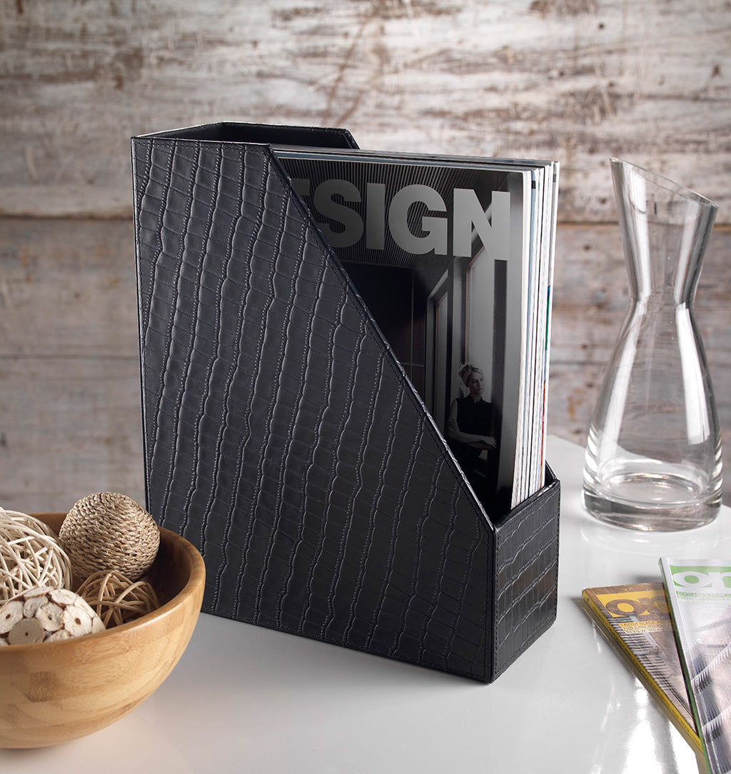 Prestige Black Crocodile Embossed Leather A4 Magazine Rack – Zale Yardley