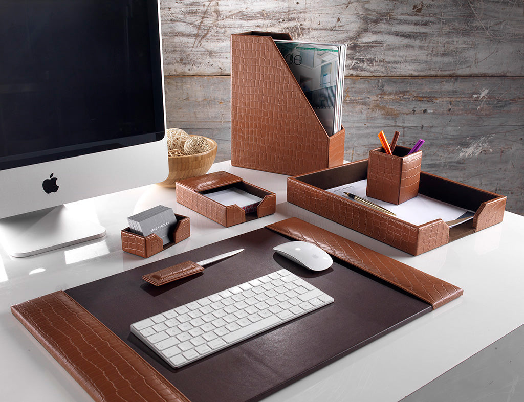 Prestige Tan Brown Crocodile Embossed Leather Seven Piece Desk Organiser Set