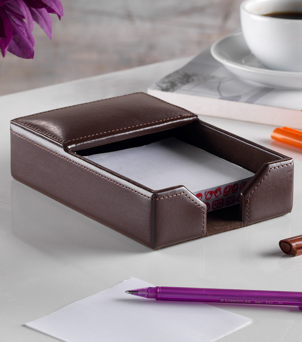 Classic Brown Bonded Leather Memo Holder - Luxury Office | Zale Yardley